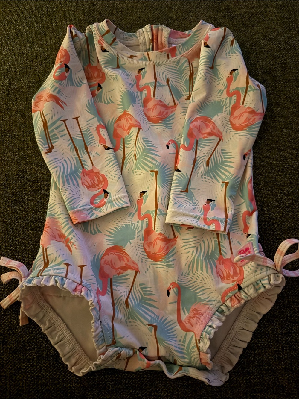 Ruffle Butts Pink Flamingo Long-Sleeve One-Piece Swimsuit with Green Accents